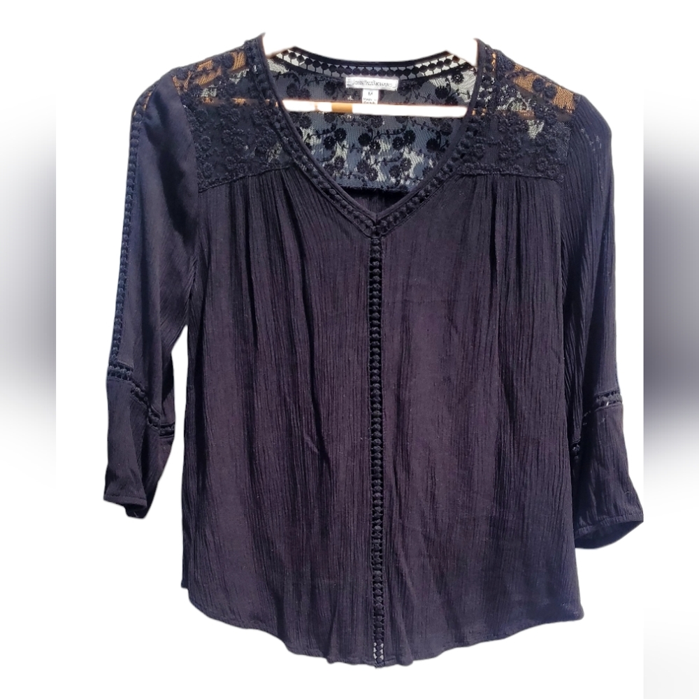 John Paul Richard 3/4 Sleeve Black Top, Size Medium, Lace Neck